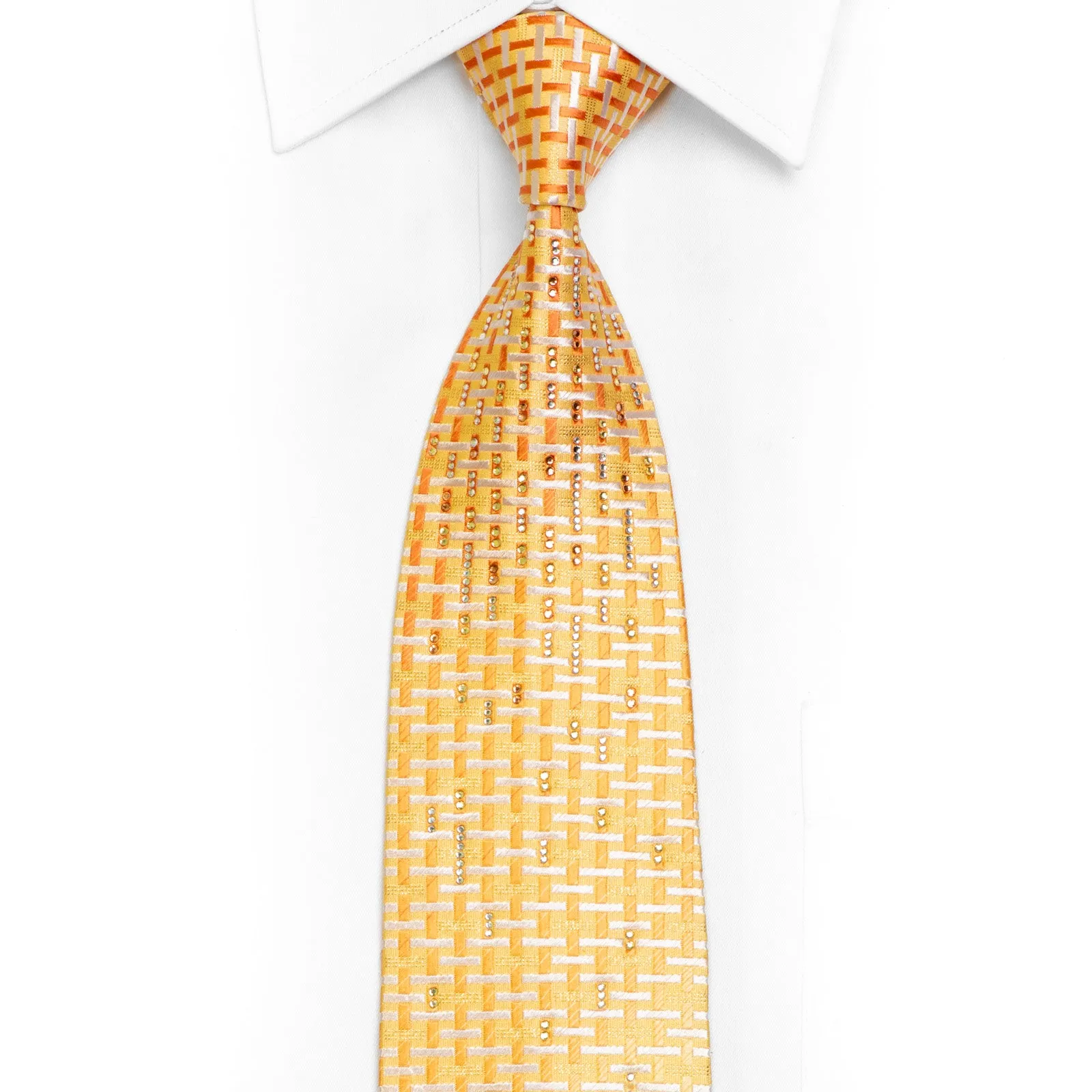 Orange White Trellis On Yellow Rhinestone Silk Necktie