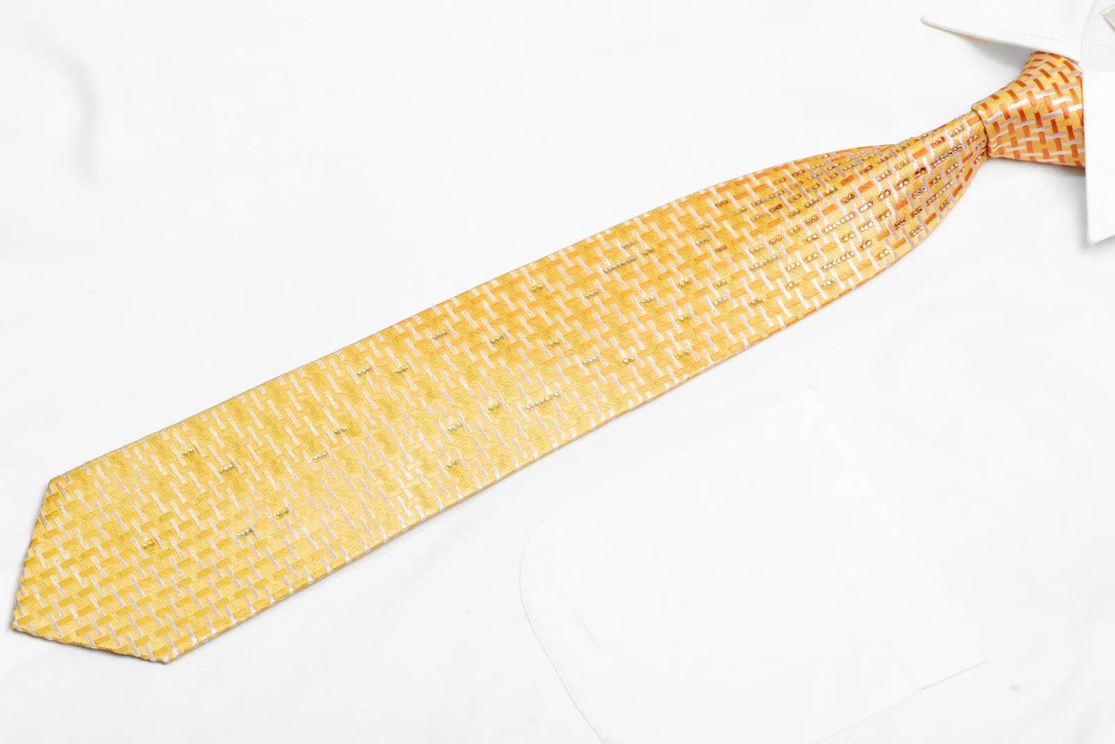 Orange White Trellis On Yellow Rhinestone Silk Necktie