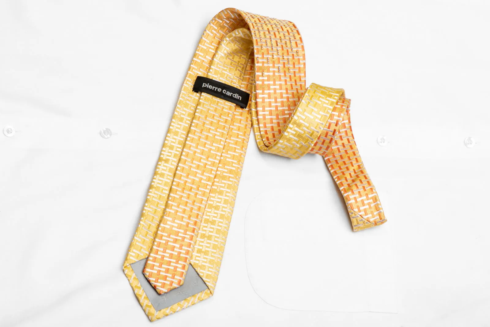 Orange White Trellis On Yellow Rhinestone Silk Necktie