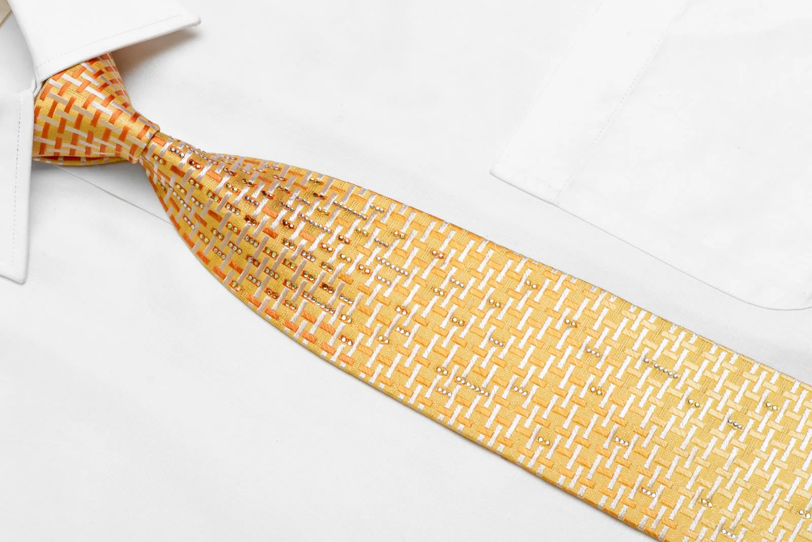 Orange White Trellis On Yellow Rhinestone Silk Necktie