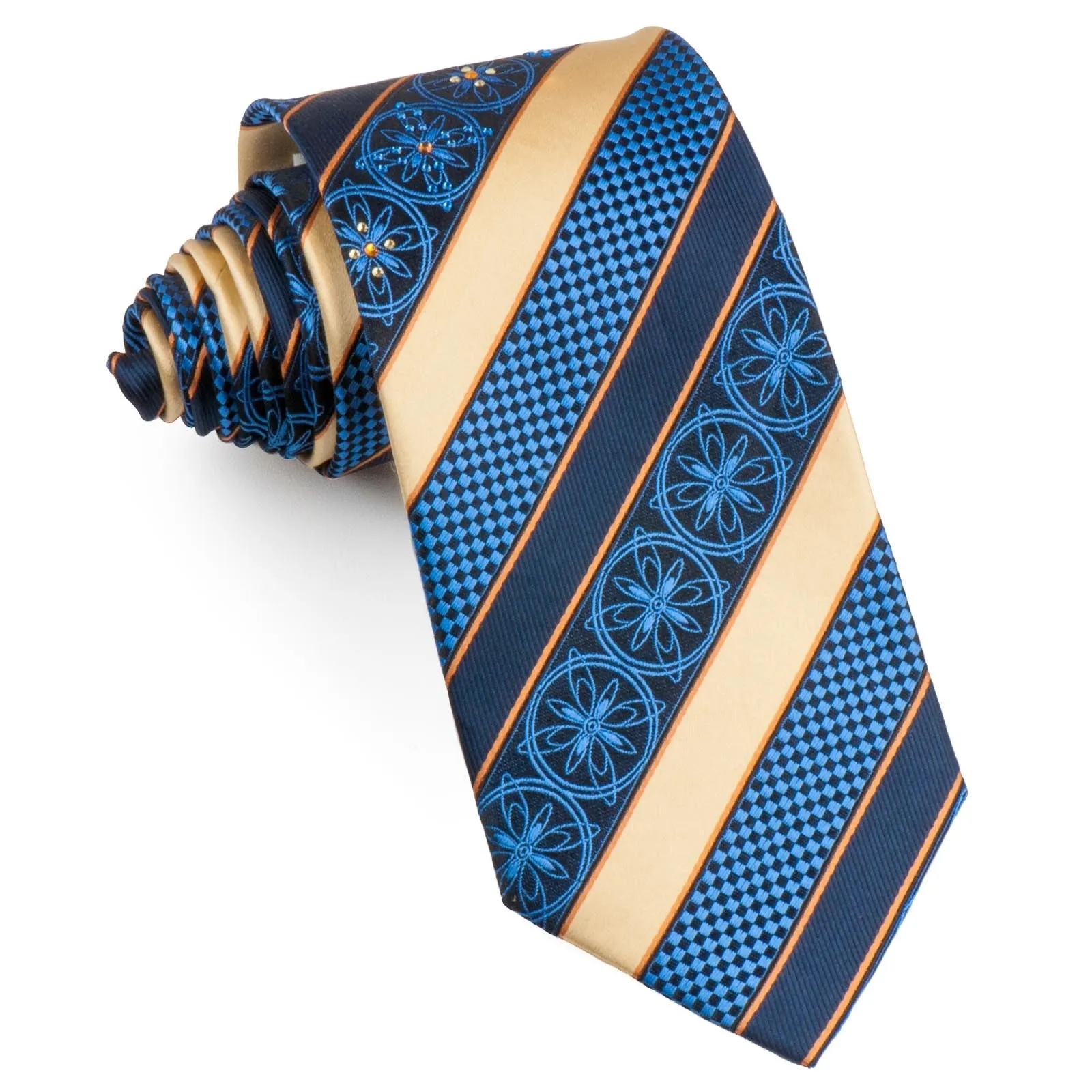 Paco Rabanne Men's Silk Necktie Blue Golden Striped With Rhinestones