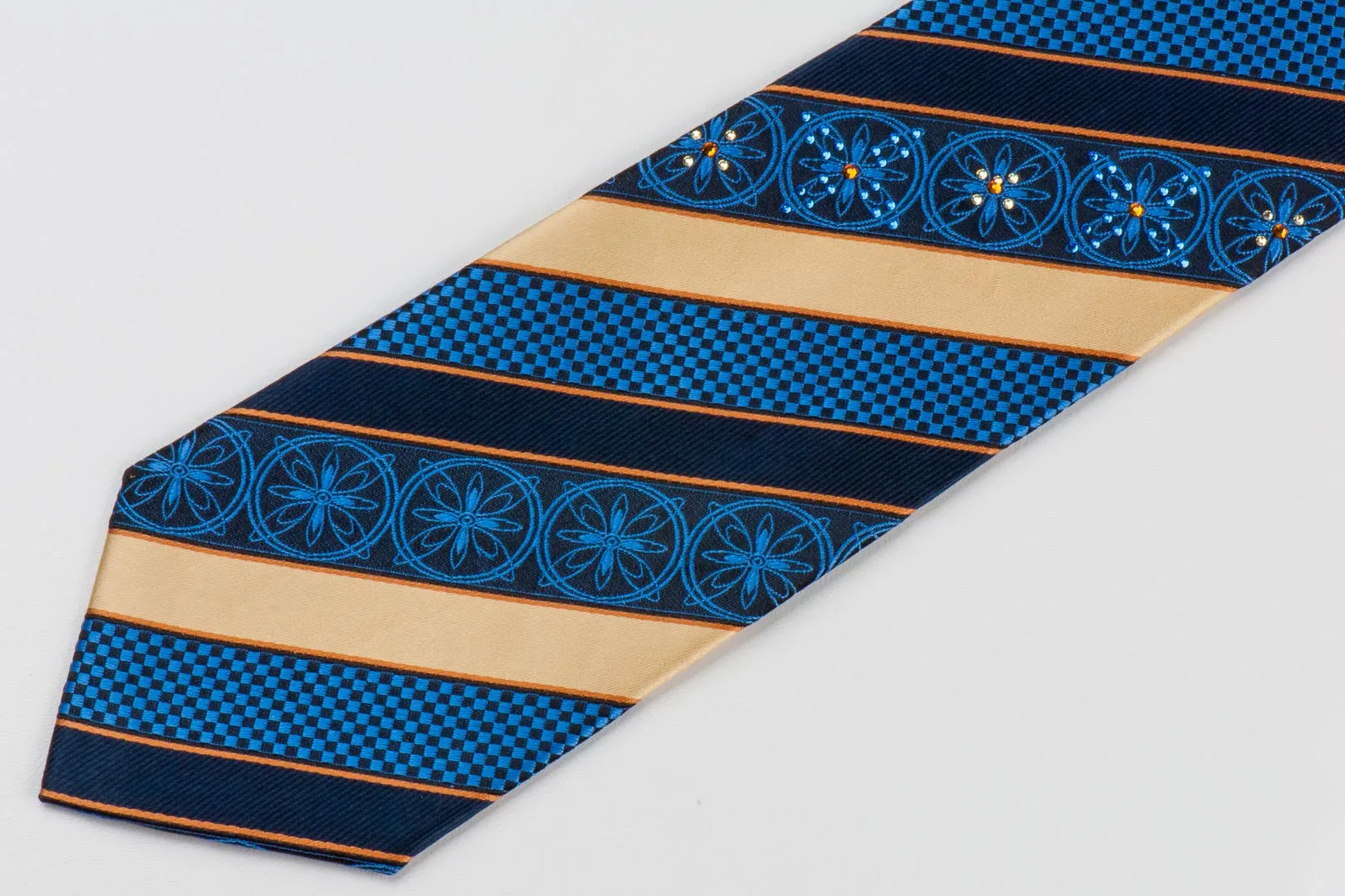 Paco Rabanne Men's Silk Necktie Blue Golden Striped With Rhinestones