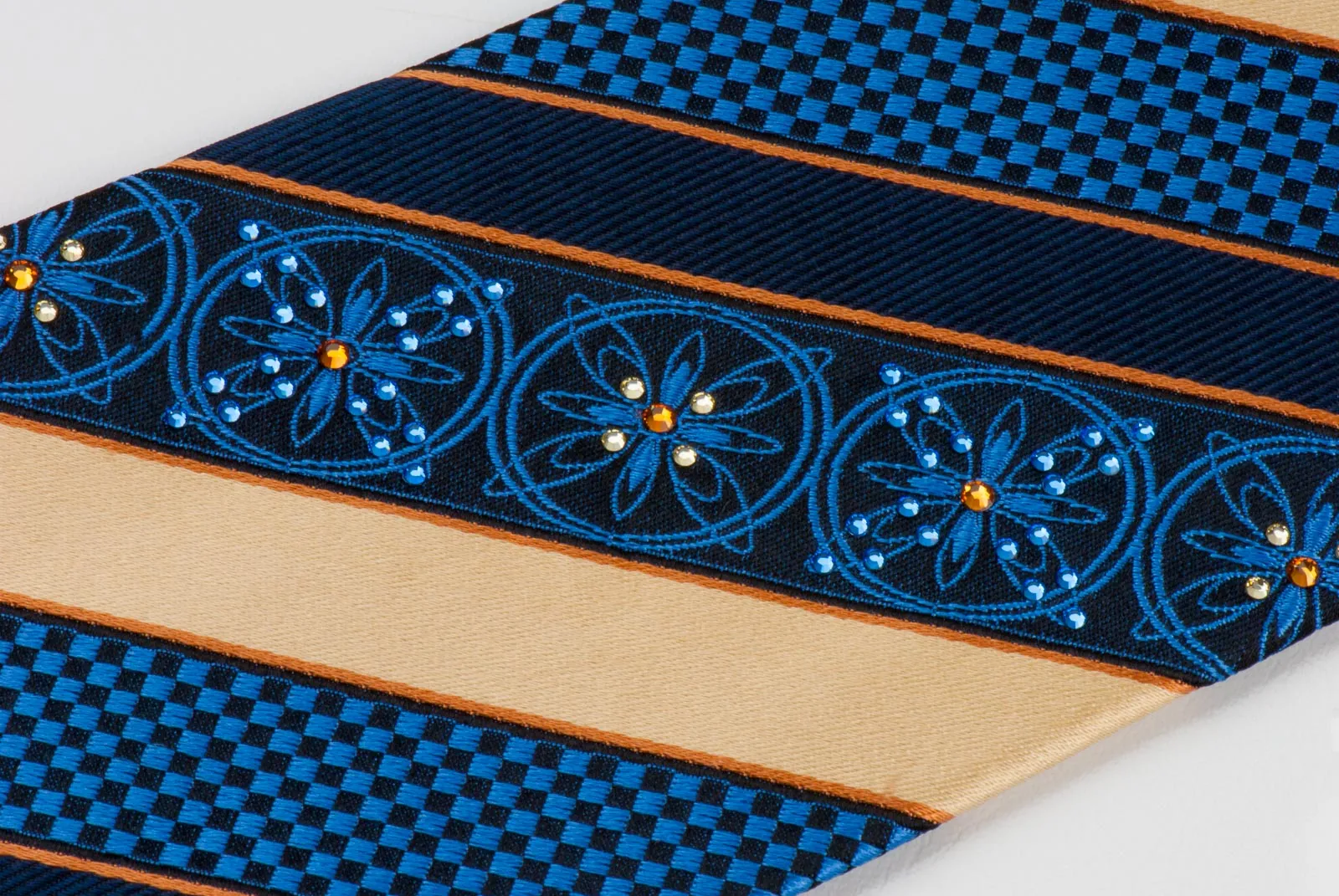 Paco Rabanne Men's Silk Necktie Blue Golden Striped With Rhinestones