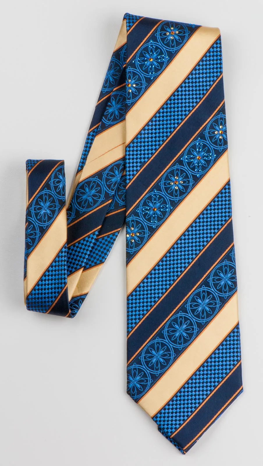 Paco Rabanne Men's Silk Necktie Blue Golden Striped With Rhinestones