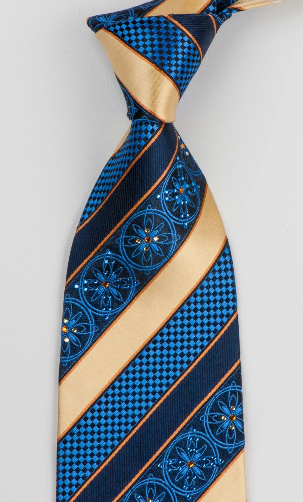 Paco Rabanne Men's Silk Necktie Blue Golden Striped With Rhinestones