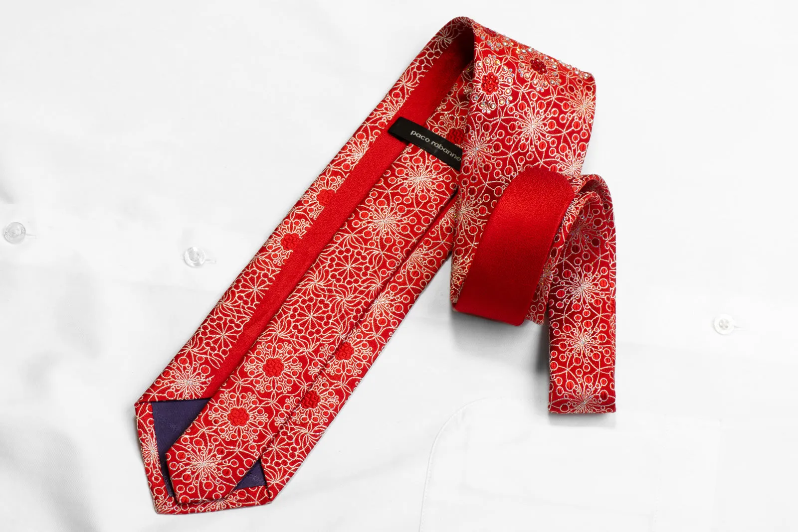Paco Rabanne Men's Silk Necktie Silver Floral Trellis On Red With Crystal Rhinestones