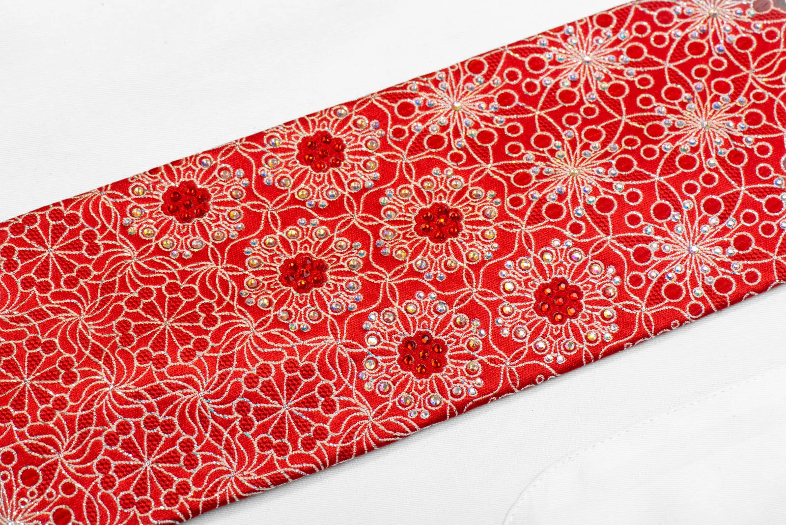 Paco Rabanne Men's Silk Necktie Silver Floral Trellis On Red With Crystal Rhinestones
