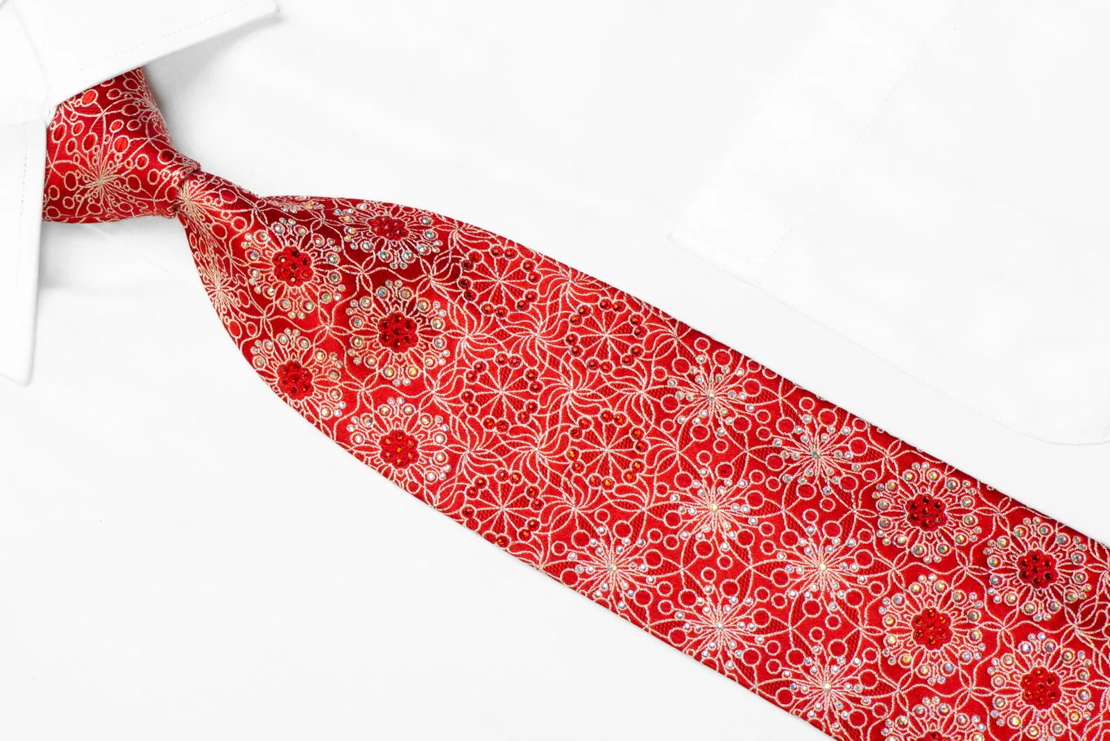 Paco Rabanne Men's Silk Necktie Silver Floral Trellis On Red With Crystal Rhinestones