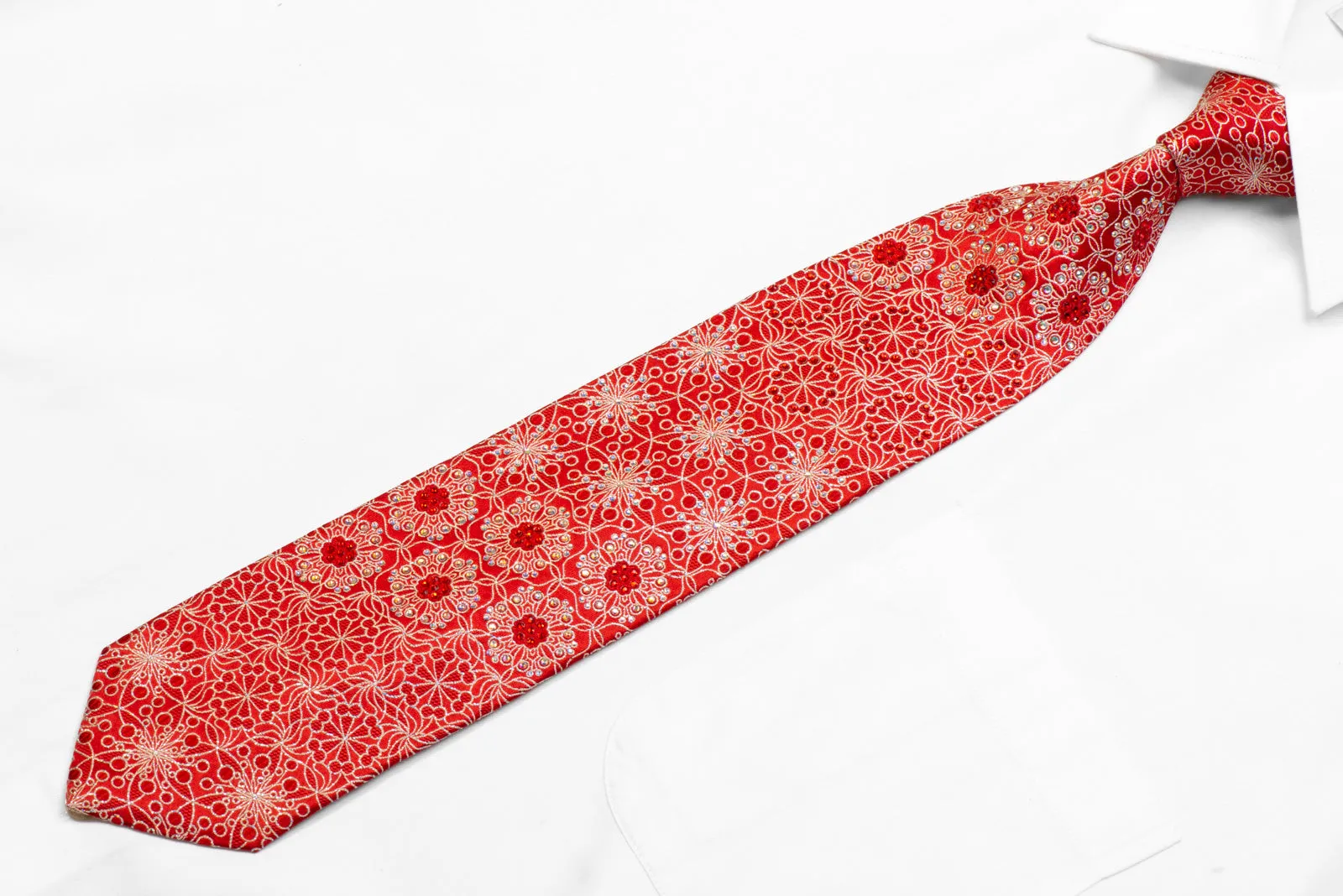 Paco Rabanne Men's Silk Necktie Silver Floral Trellis On Red With Crystal Rhinestones