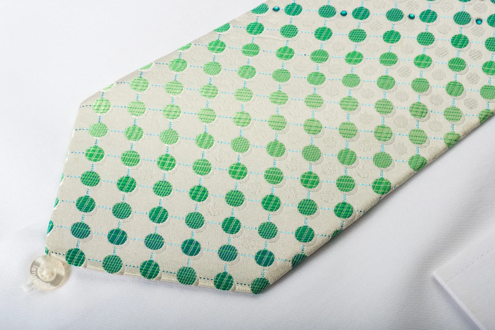 Paco Rabanne Rhinestone Silk Necktie Green Polka Dots On White With Turquoise Sparkles