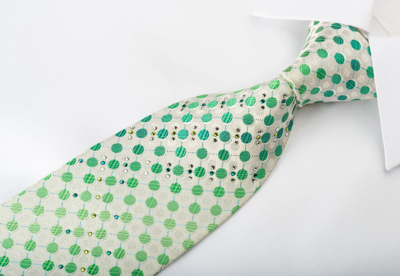 Paco Rabanne Rhinestone Silk Necktie Green Polka Dots On White With Turquoise Sparkles