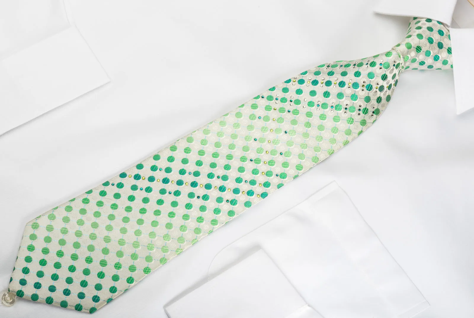 Paco Rabanne Rhinestone Silk Necktie Green Polka Dots On White With Turquoise Sparkles