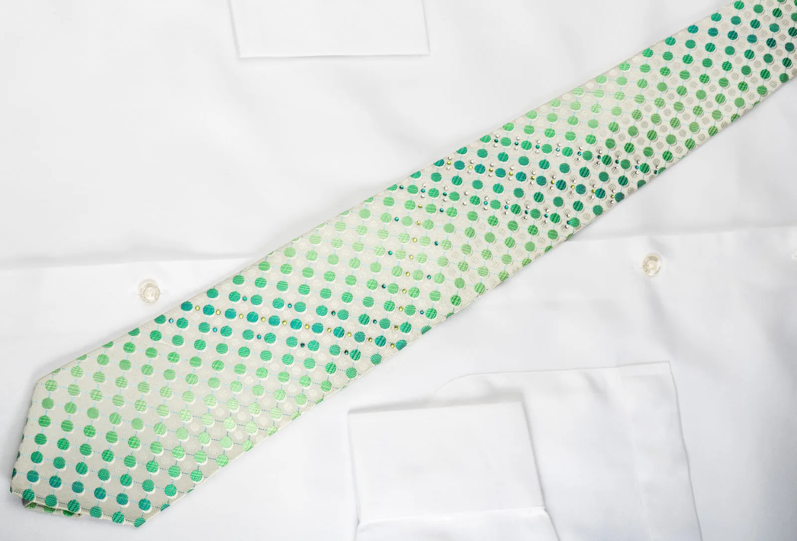 Paco Rabanne Rhinestone Silk Necktie Green Polka Dots On White With Turquoise Sparkles