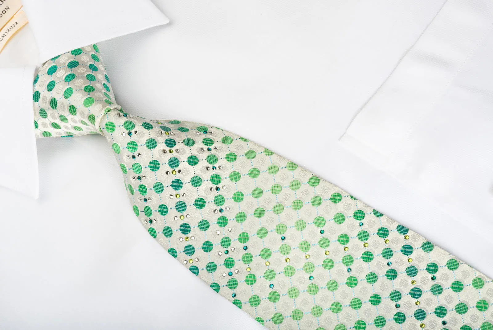 Paco Rabanne Rhinestone Silk Necktie Green Polka Dots On White With Turquoise Sparkles