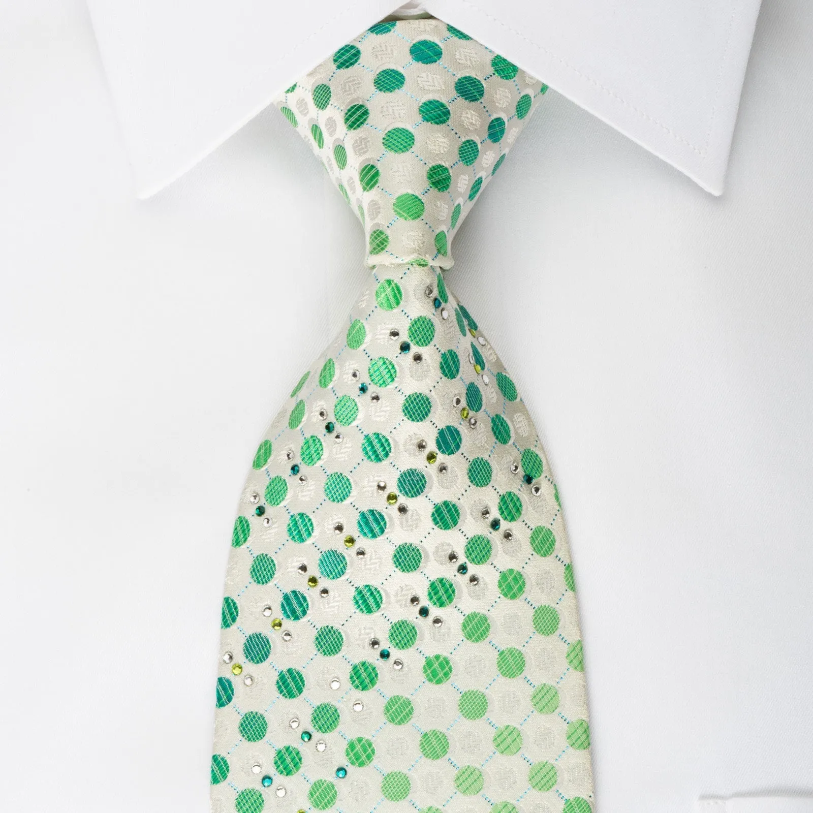 Paco Rabanne Rhinestone Silk Necktie Green Polka Dots On White With Turquoise Sparkles
