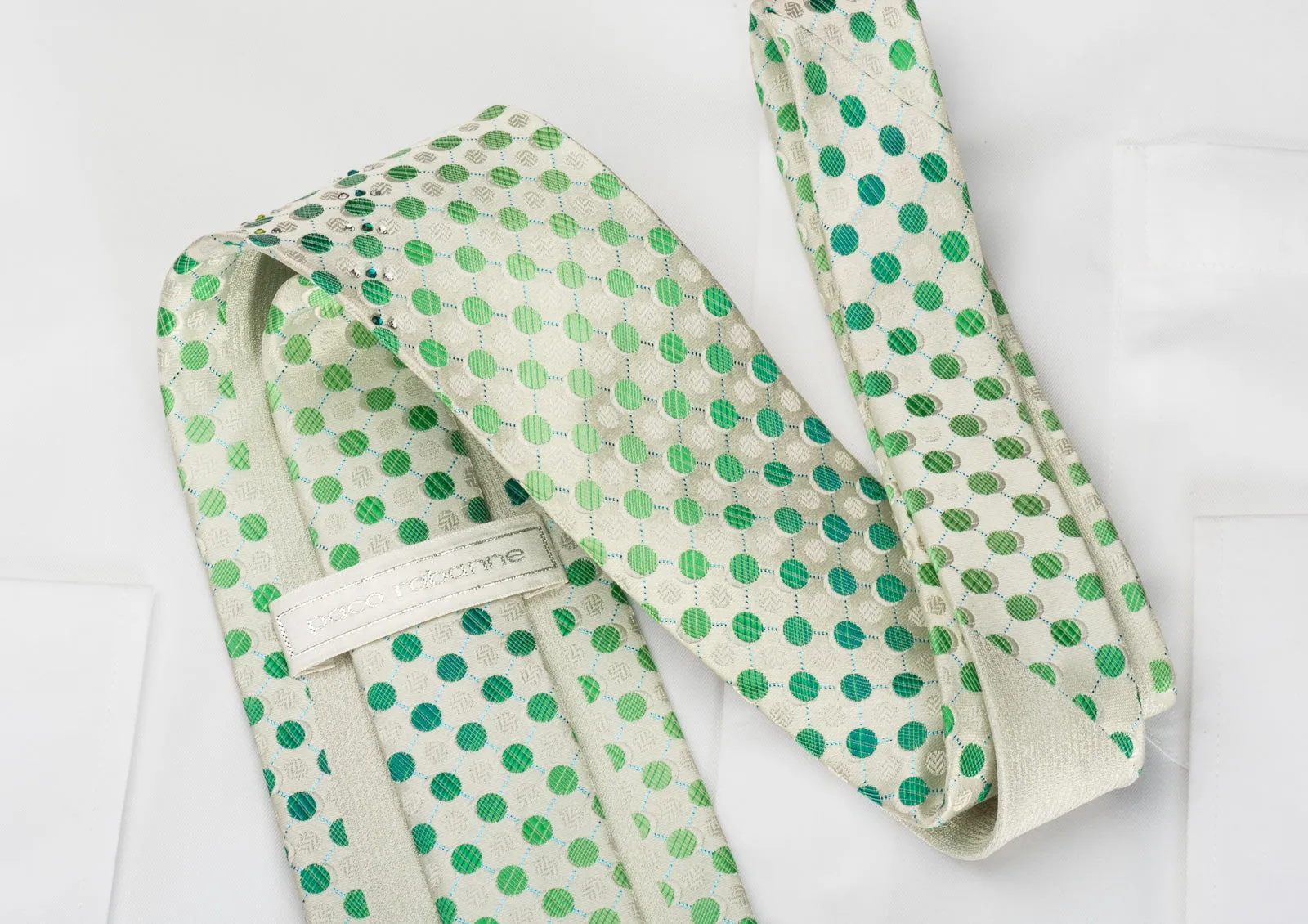 Paco Rabanne Rhinestone Silk Necktie Green Polka Dots On White With Turquoise Sparkles
