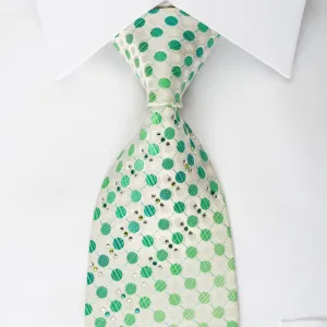 Paco Rabanne Rhinestone Silk Necktie Green Polka Dots On White With Turquoise Sparkles
