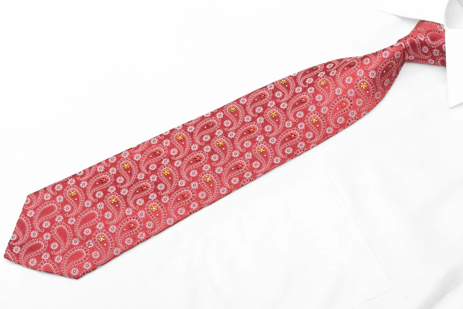 Paisley & Floral On Red Rhinestone Silk Necktie With Silver Sparkles