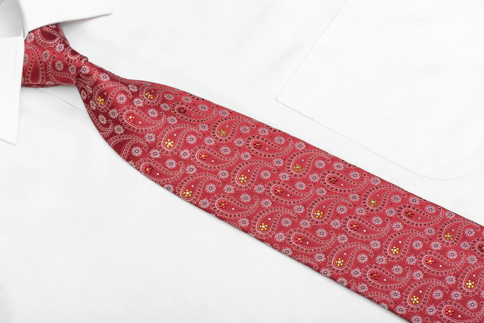 Paisley & Floral On Red Rhinestone Silk Necktie With Silver Sparkles
