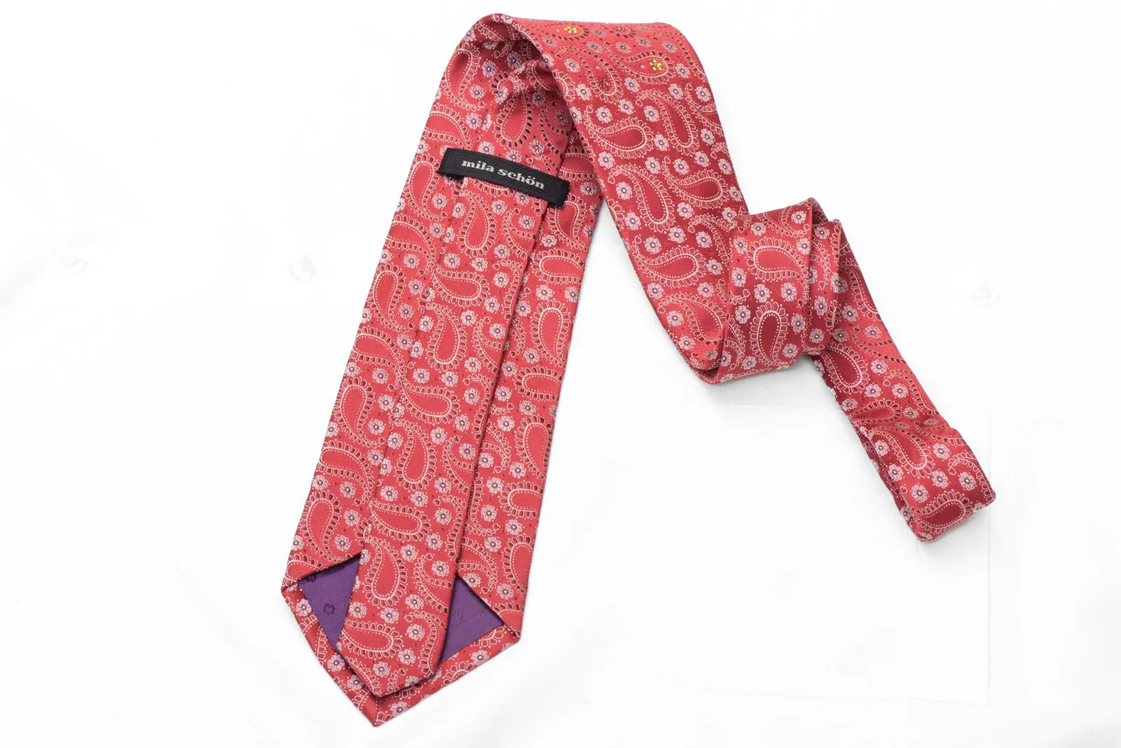 Paisley & Floral On Red Rhinestone Silk Necktie With Silver Sparkles
