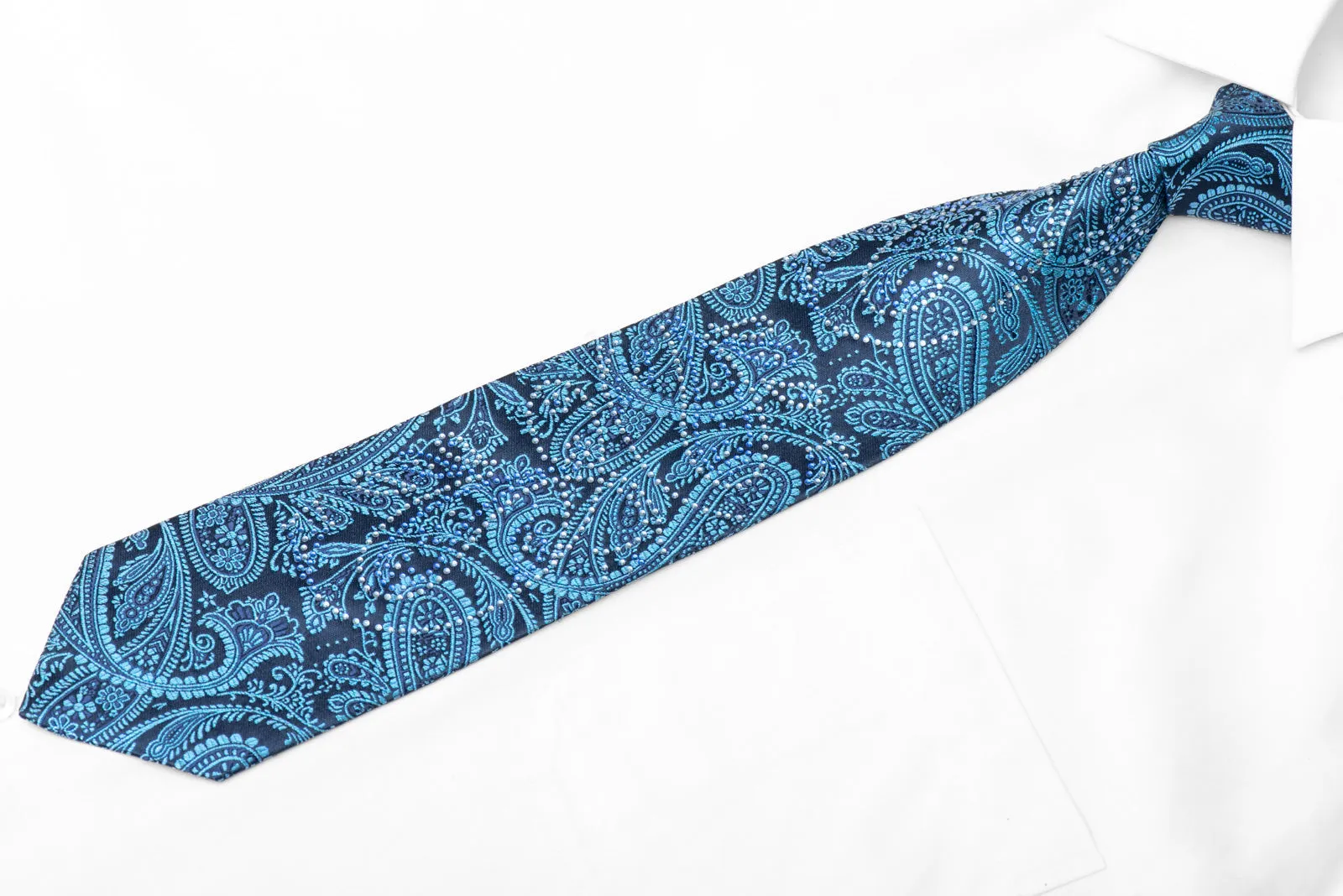 Paisley On Navy Blue Rhinestone Silk Necktie With Blue Sparkles
