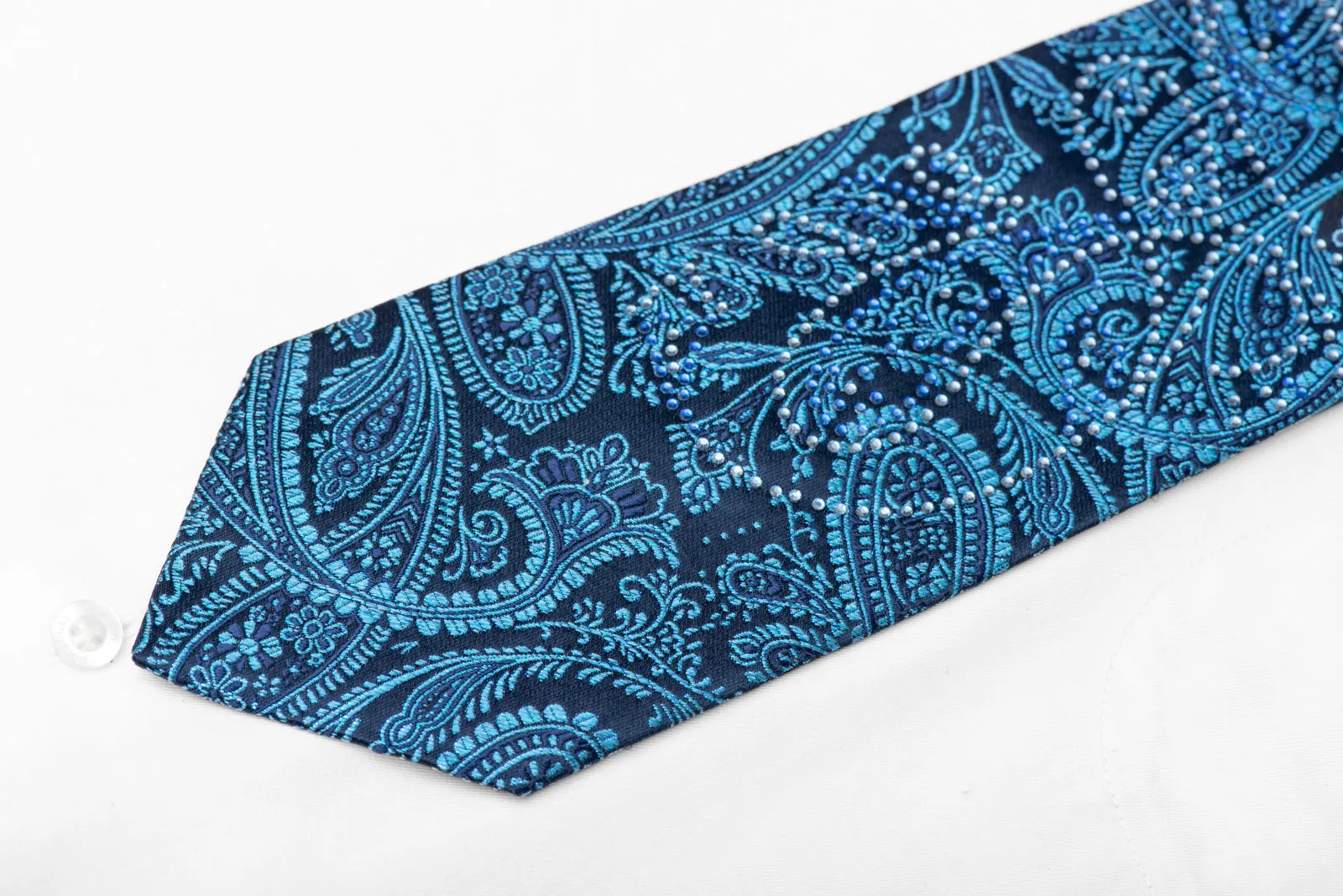 Paisley On Navy Blue Rhinestone Silk Necktie With Blue Sparkles