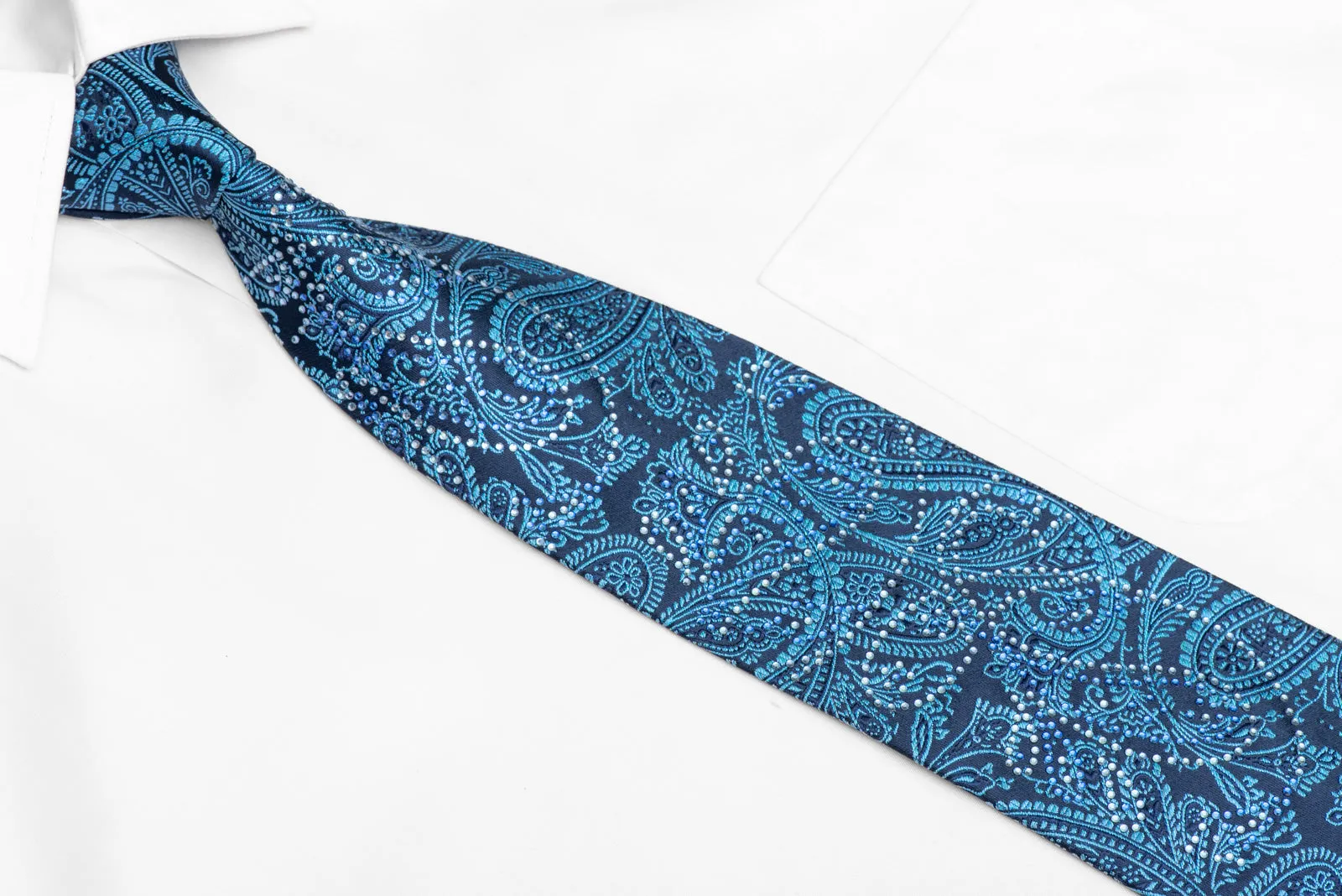 Paisley On Navy Blue Rhinestone Silk Necktie With Blue Sparkles