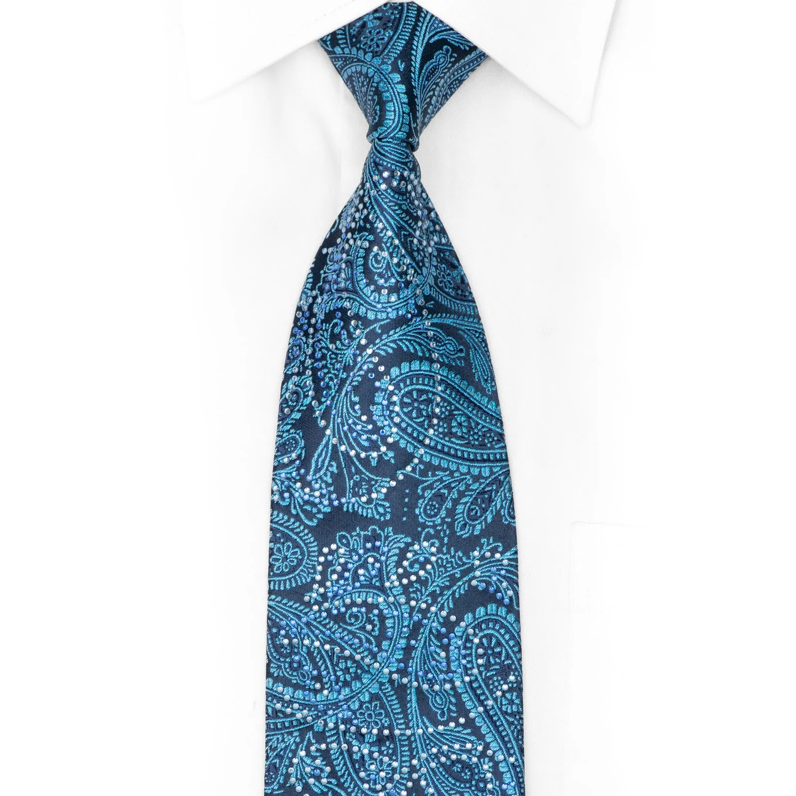 Paisley On Navy Blue Rhinestone Silk Necktie With Blue Sparkles