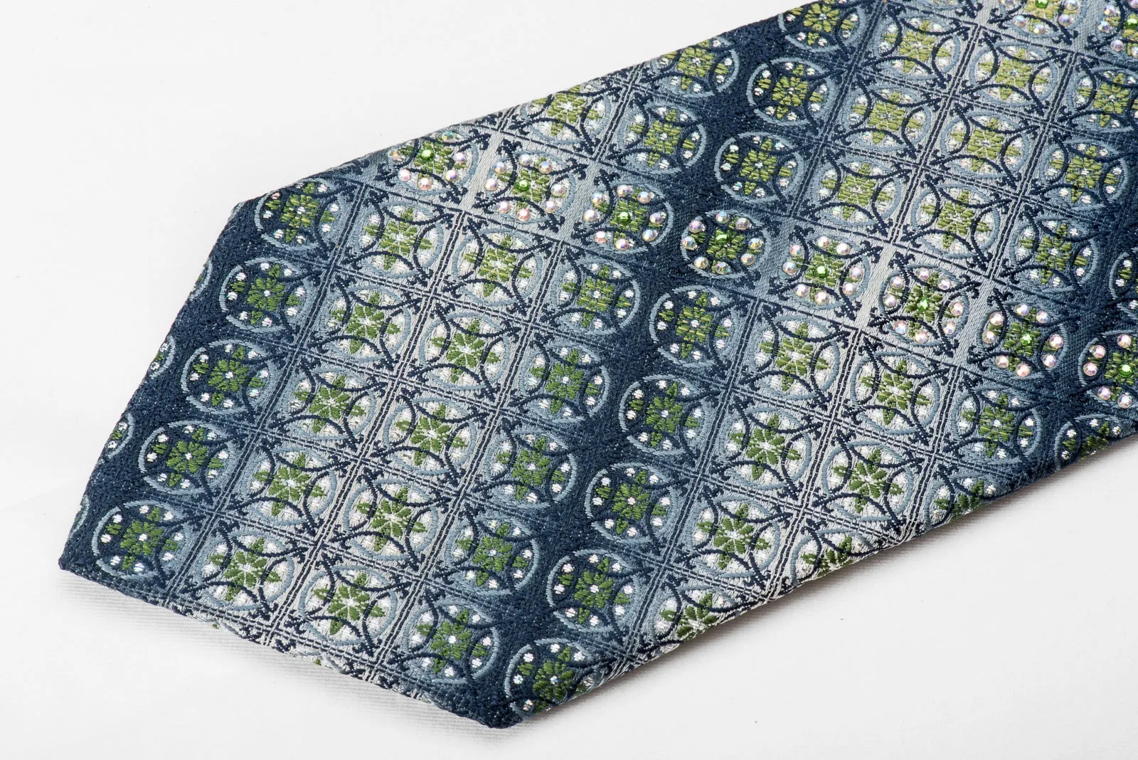Park Land Men's Crystal Necktie Green Blue Cartouche Geometric On Silver With Sparkles