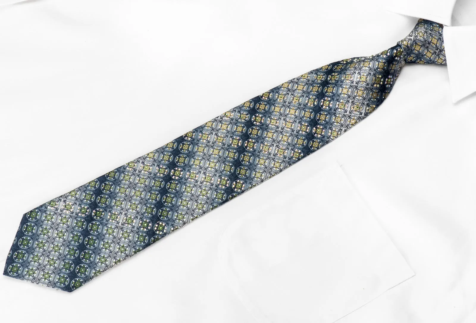 Park Land Men's Crystal Necktie Green Blue Cartouche Geometric On Silver With Sparkles