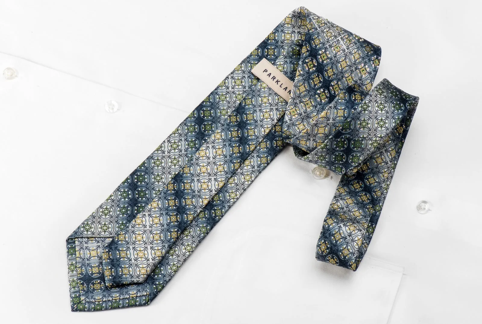 Park Land Men's Crystal Necktie Green Blue Cartouche Geometric On Silver With Sparkles