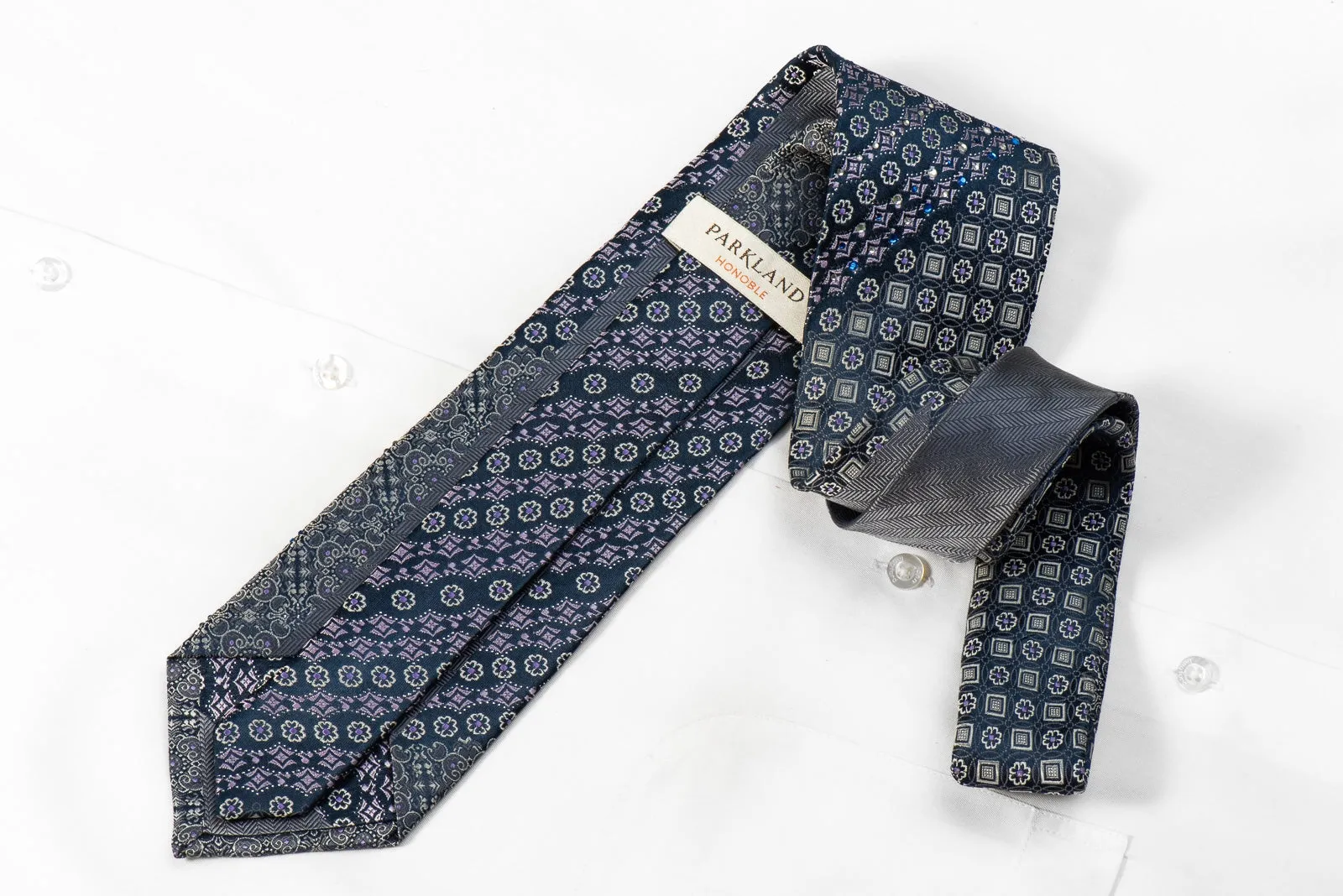 Parkland Men's Crystal Silk Tie Silver Purple Cartouche On Navy With Silver Sparkles