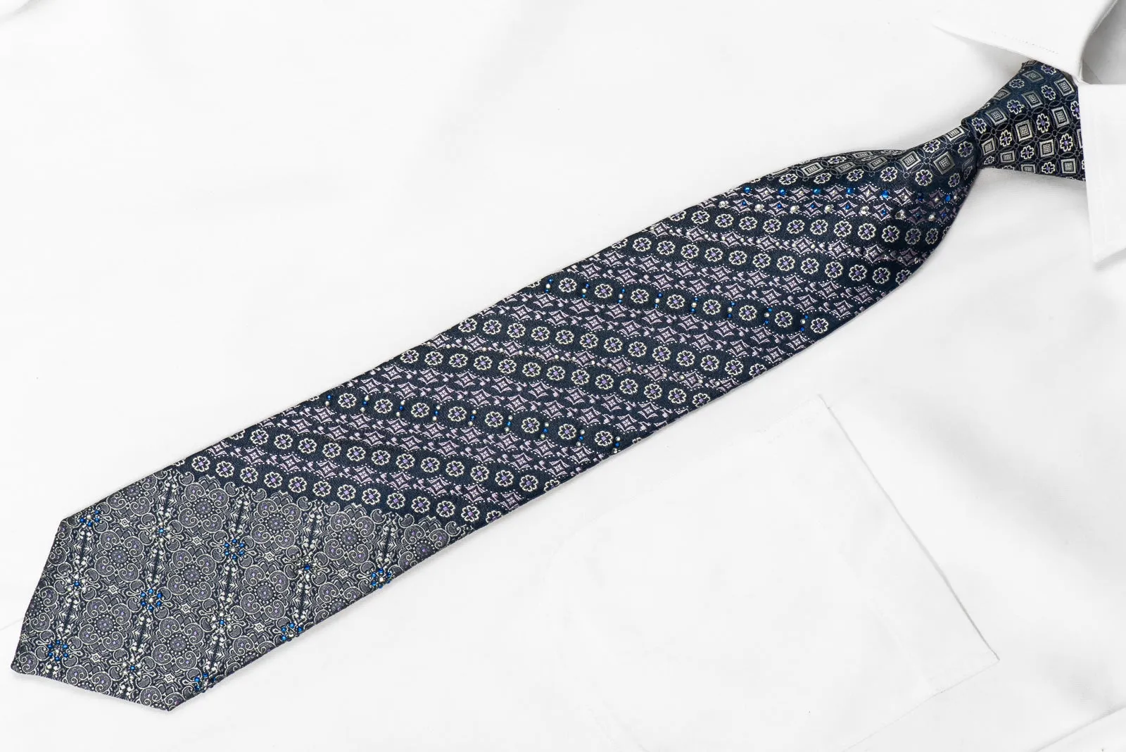 Parkland Men's Crystal Silk Tie Silver Purple Cartouche On Navy With Silver Sparkles
