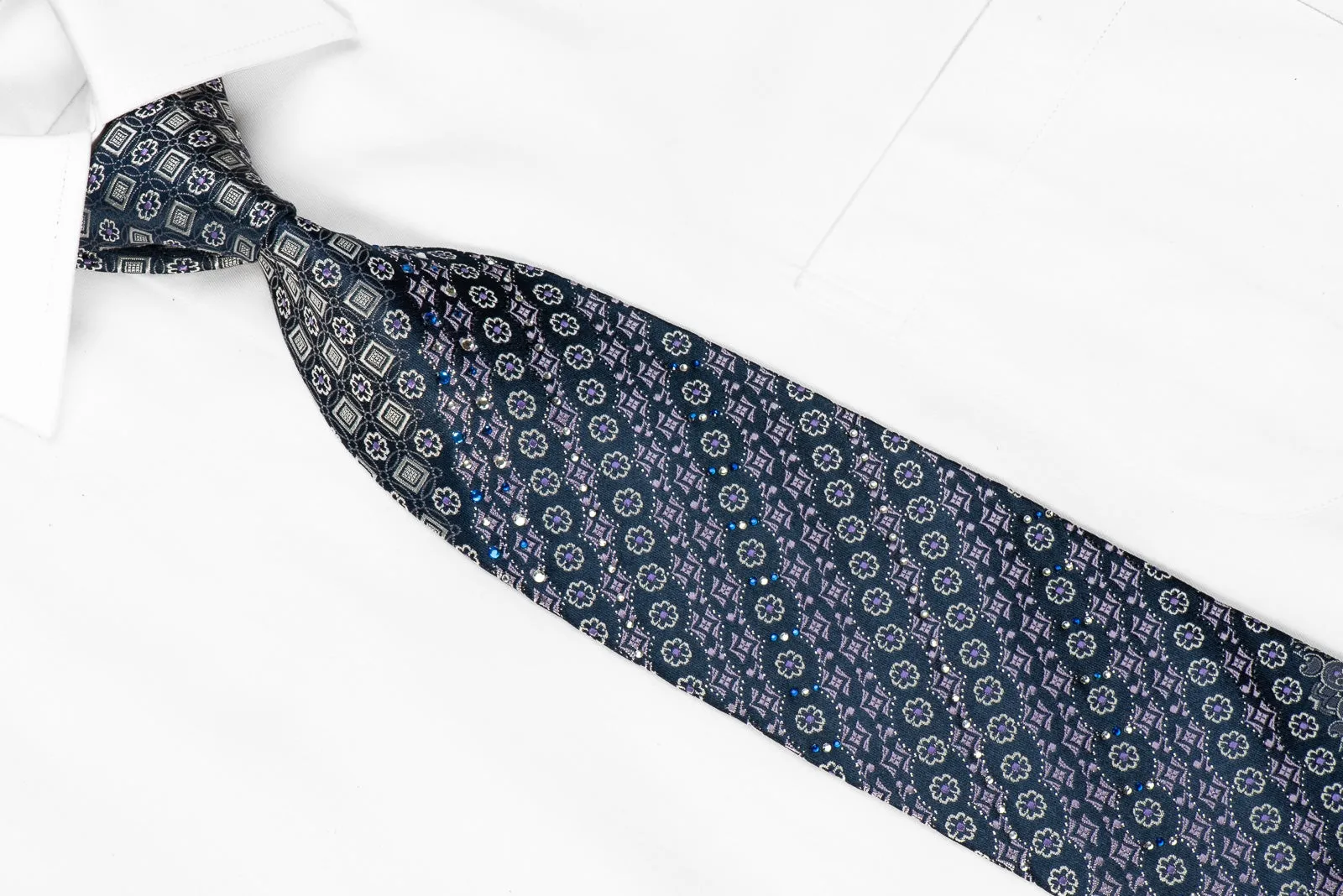 Parkland Men's Crystal Silk Tie Silver Purple Cartouche On Navy With Silver Sparkles