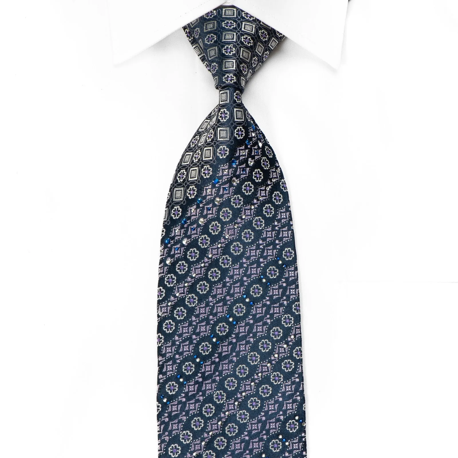 Parkland Men's Crystal Silk Tie Silver Purple Cartouche On Navy With Silver Sparkles