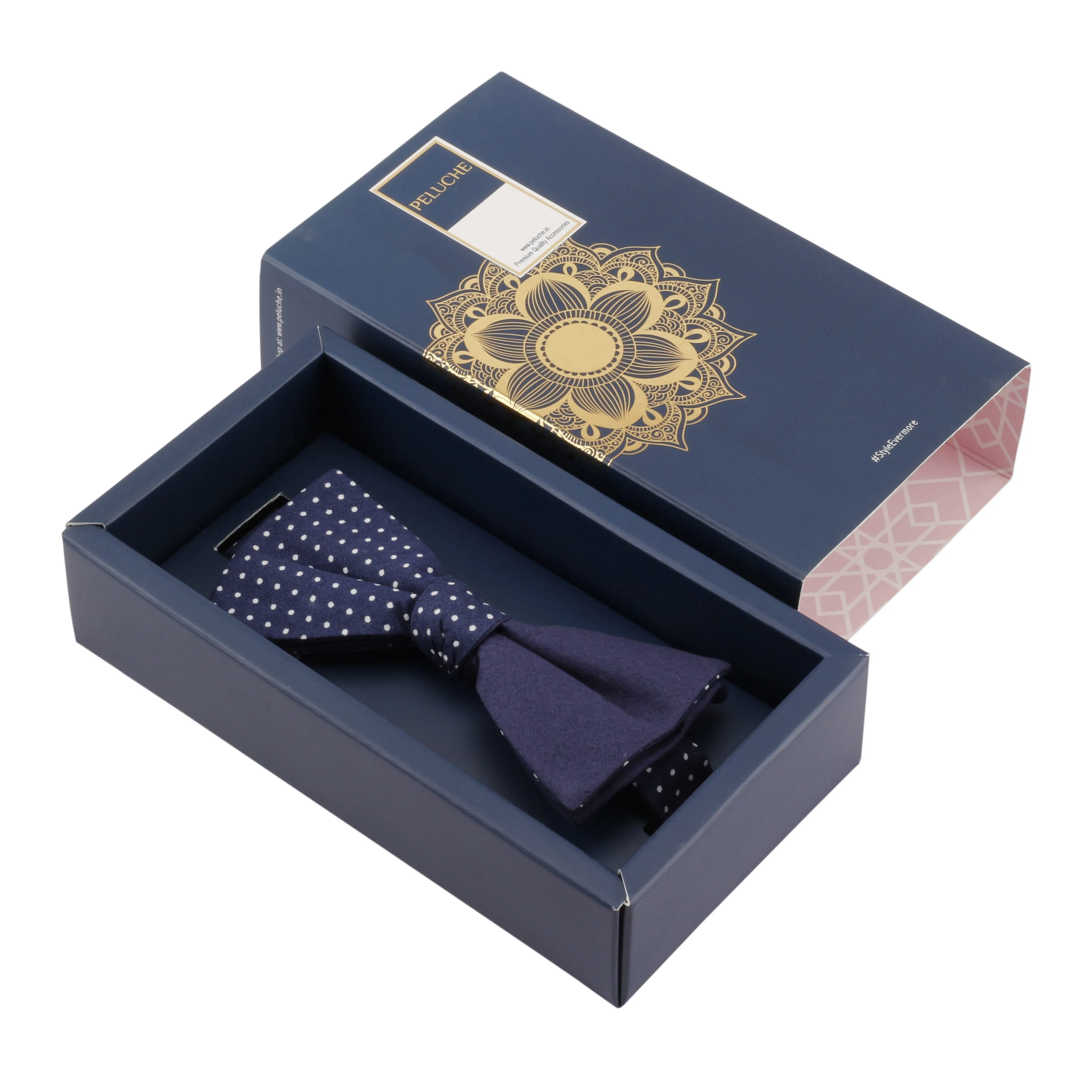 Peluche Dotty Design Navy Blue and White Colored Cotton Bow Tie for Men