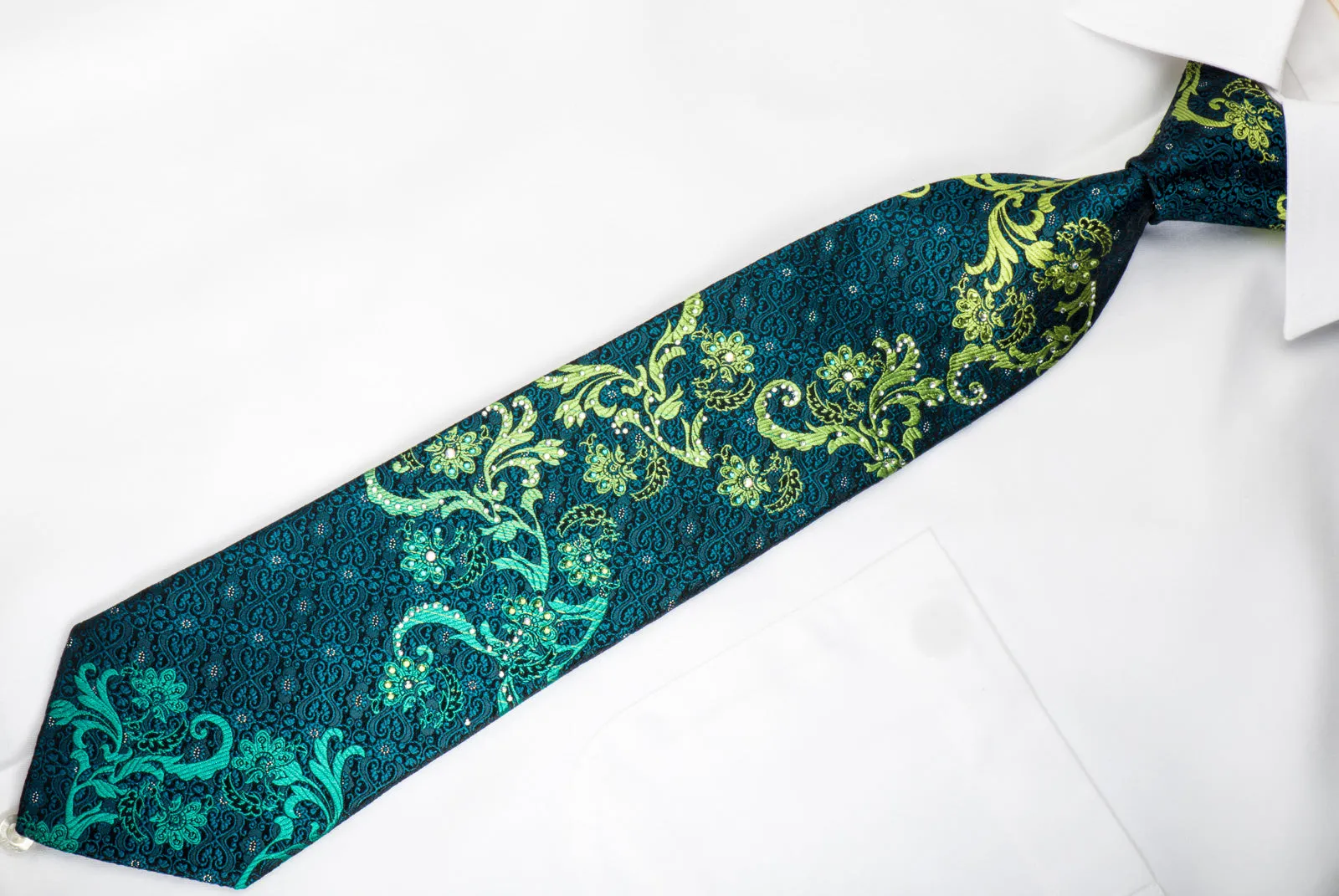 Perry Ellis Rhinestone Silk Necktie Green Turquoise Acanthus On Black With Silver Sparkles