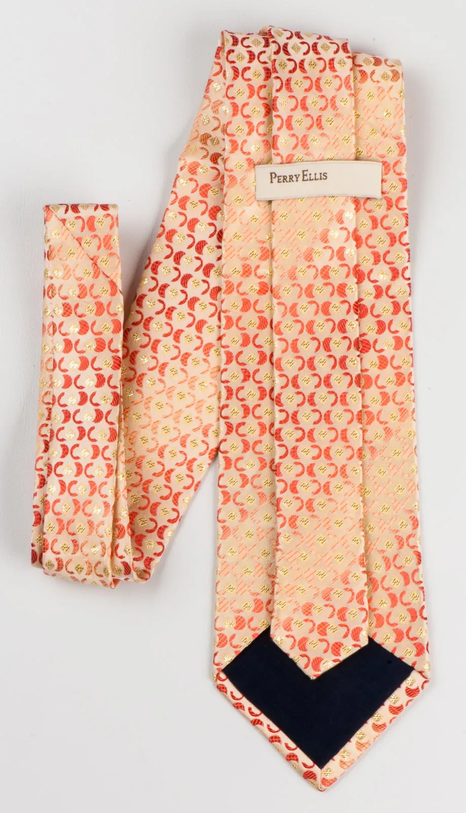 Perry Ellis Silk Neck Tie Geometric Design On Peach Orange With Silver Sparkles