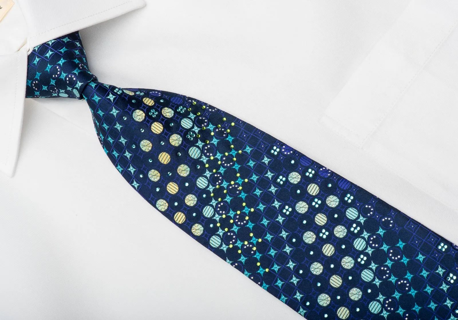Pierre Balmain Rhinestone Silk Necktie Teal Green Geometric On Blue With Sparkles
