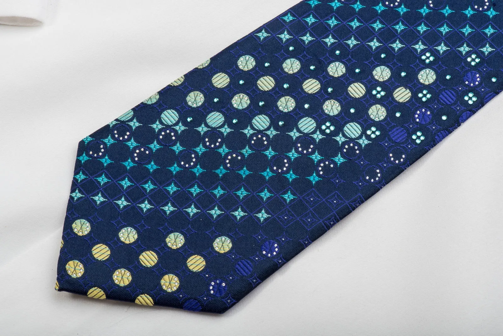 Pierre Balmain Rhinestone Silk Necktie Teal Green Geometric On Blue With Sparkles