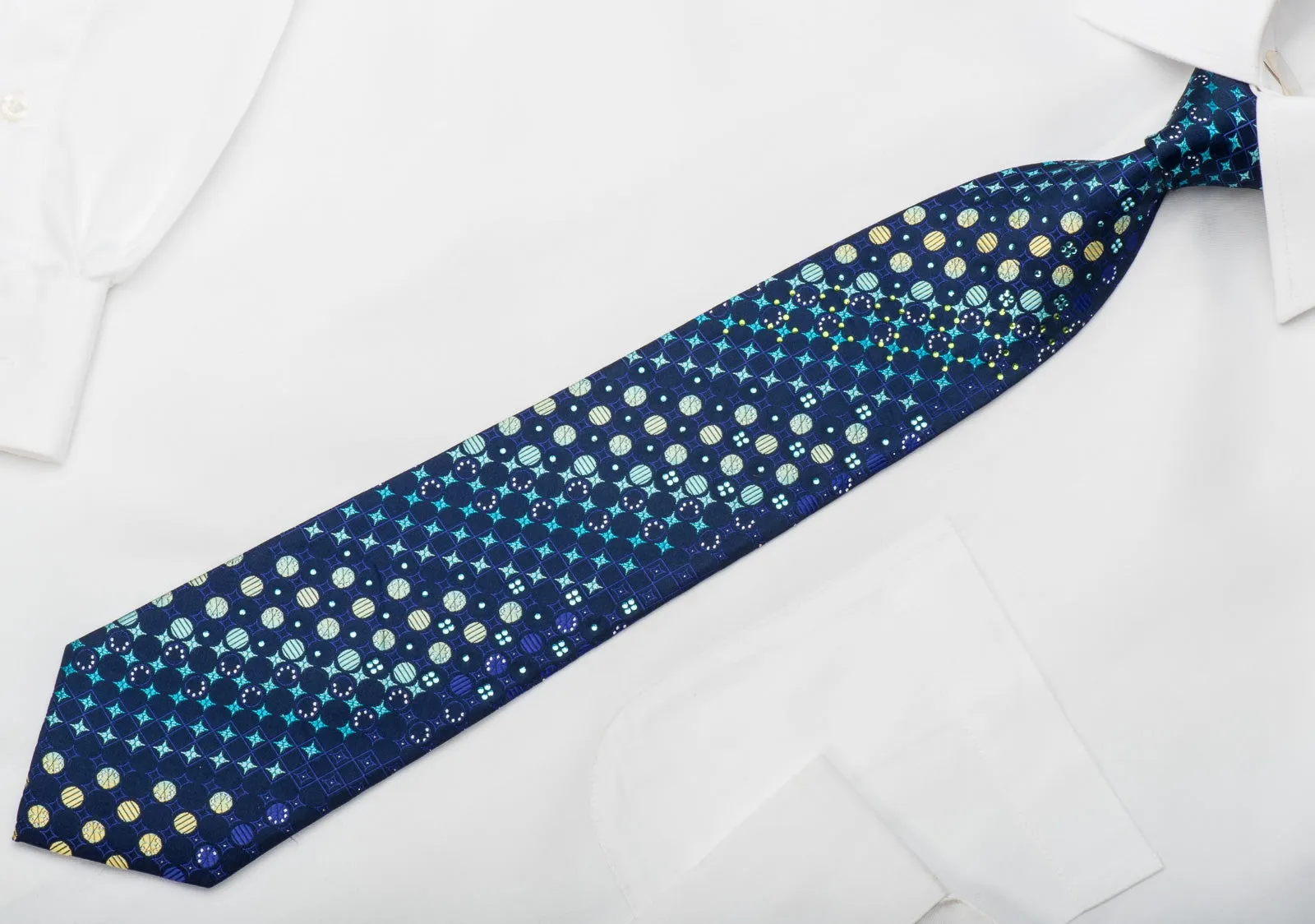 Pierre Balmain Rhinestone Silk Necktie Teal Green Geometric On Blue With Sparkles