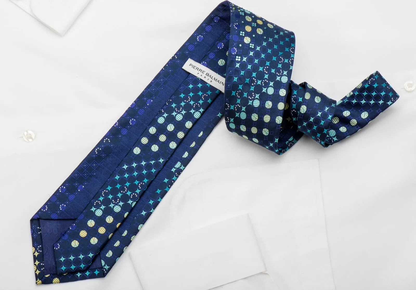 Pierre Balmain Rhinestone Silk Necktie Teal Green Geometric On Blue With Sparkles