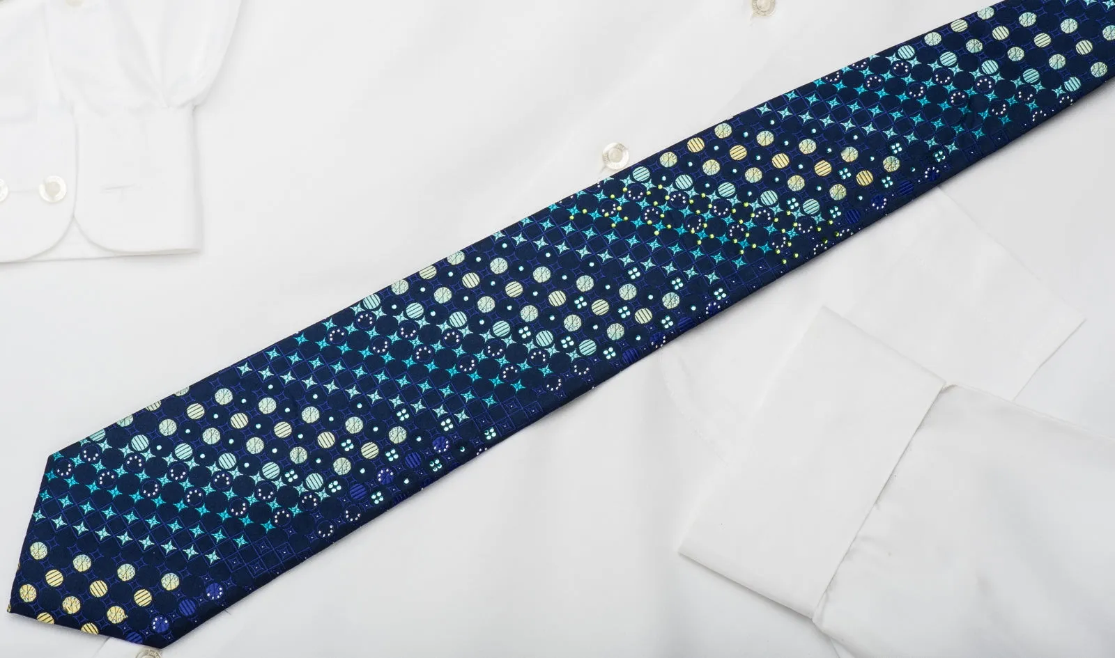 Pierre Balmain Rhinestone Silk Necktie Teal Green Geometric On Blue With Sparkles