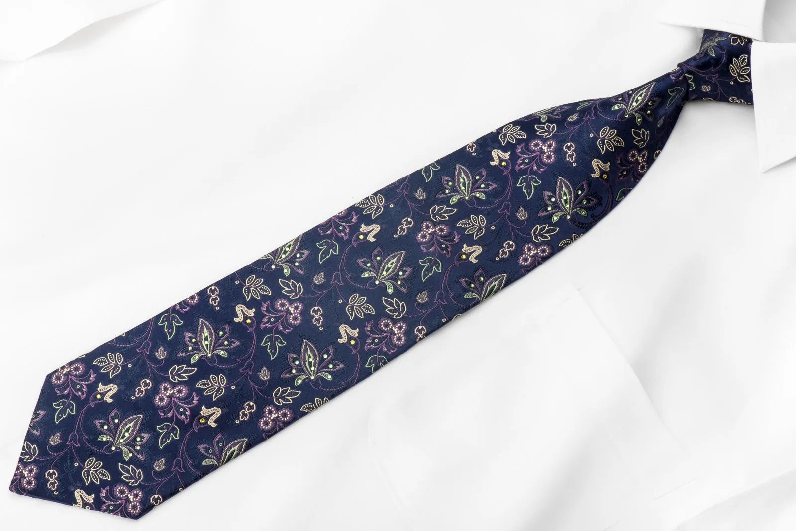 Pierre Cardin Men's Crystal Necktie Floral On Blue Silk Sparkling With Rhinestones