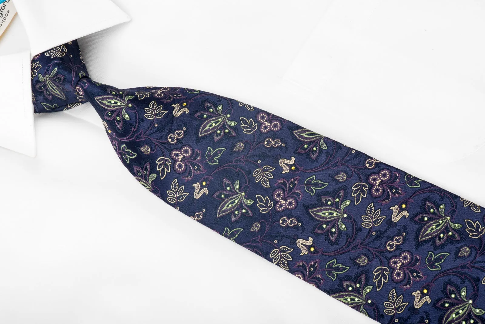 Pierre Cardin Men's Crystal Necktie Floral On Blue Silk Sparkling With Rhinestones