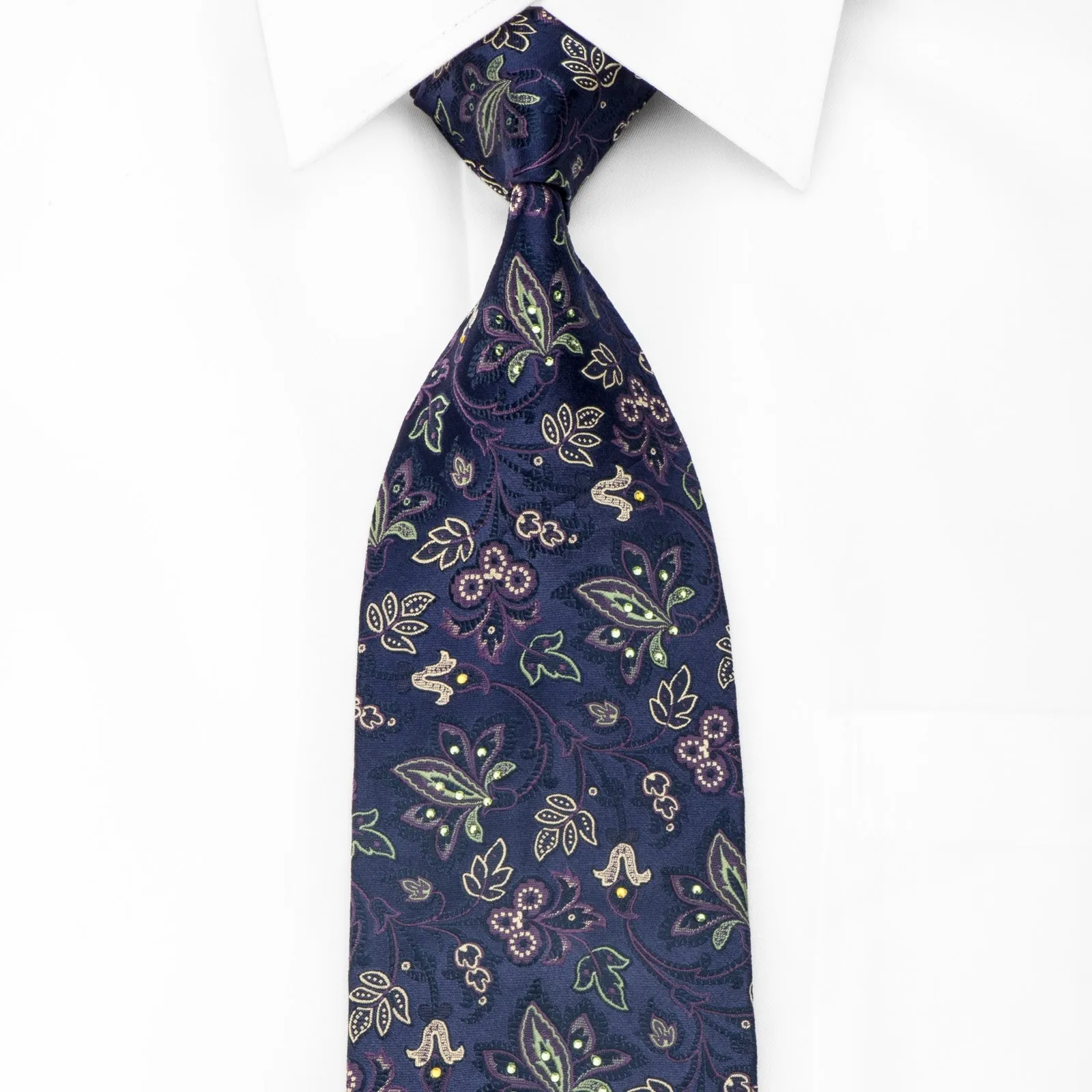 Pierre Cardin Men's Crystal Necktie Floral On Blue Silk Sparkling With Rhinestones