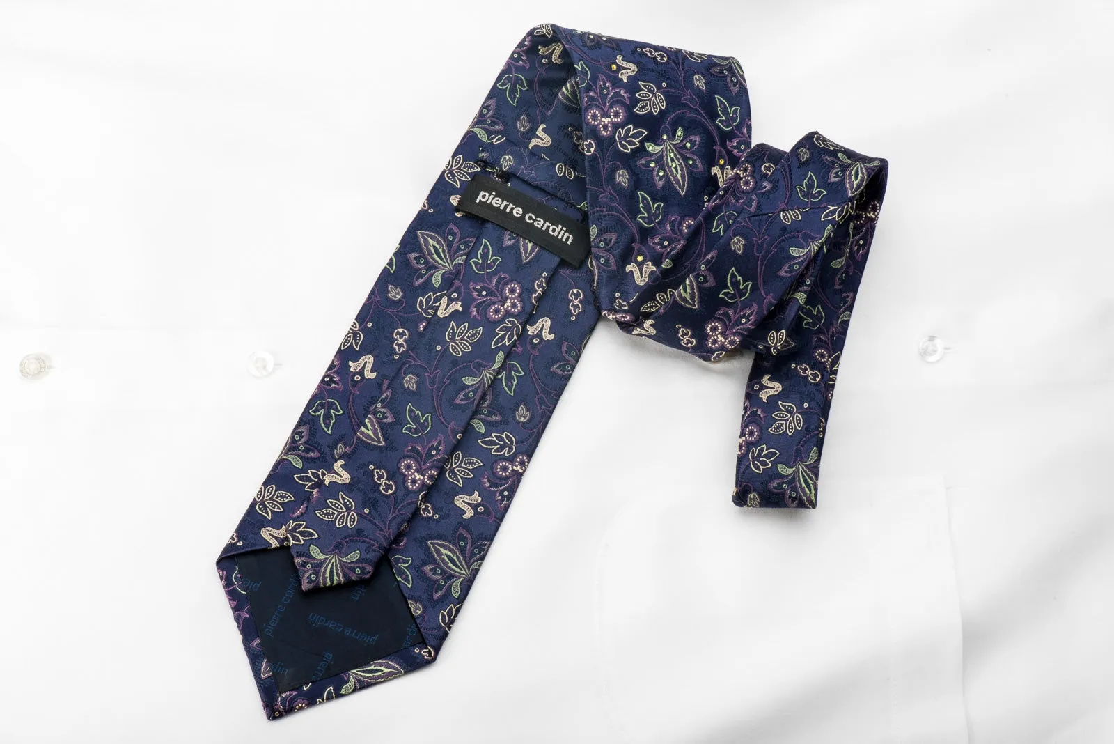 Pierre Cardin Men's Crystal Necktie Floral On Blue Silk Sparkling With Rhinestones