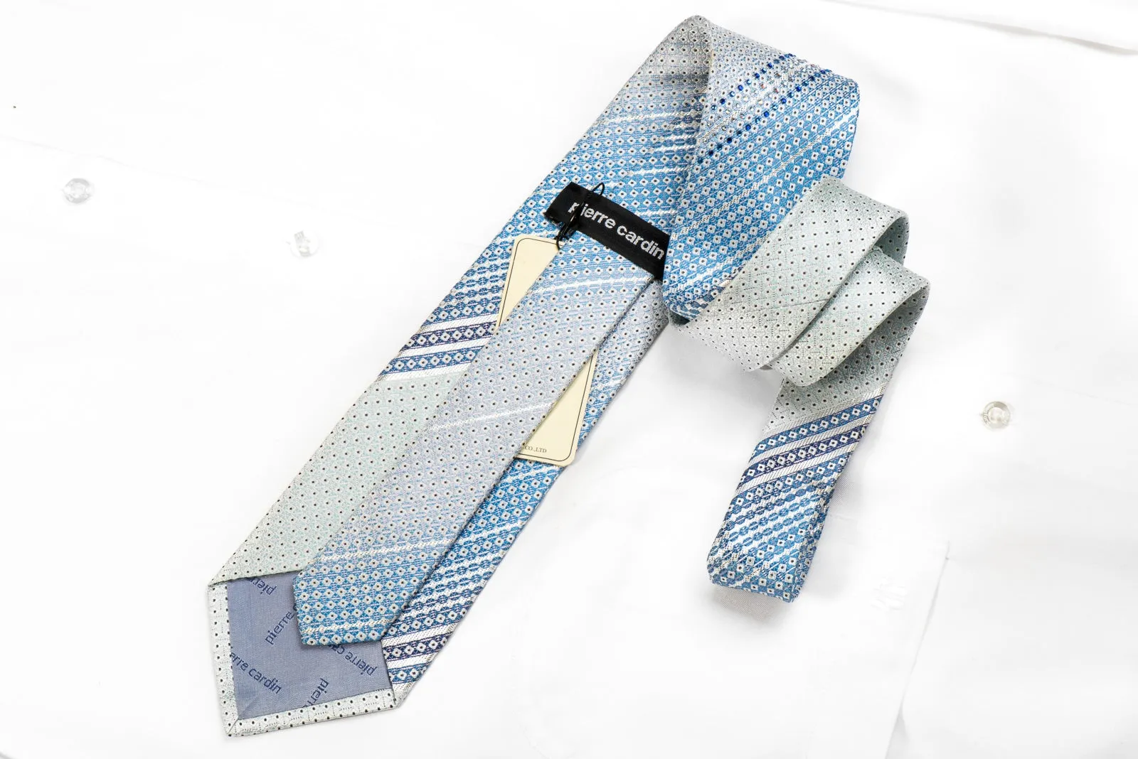 Pierre Cardin Men's Crystal Silk Necktie Dot's & Striped On Blue With Silver Sparkles