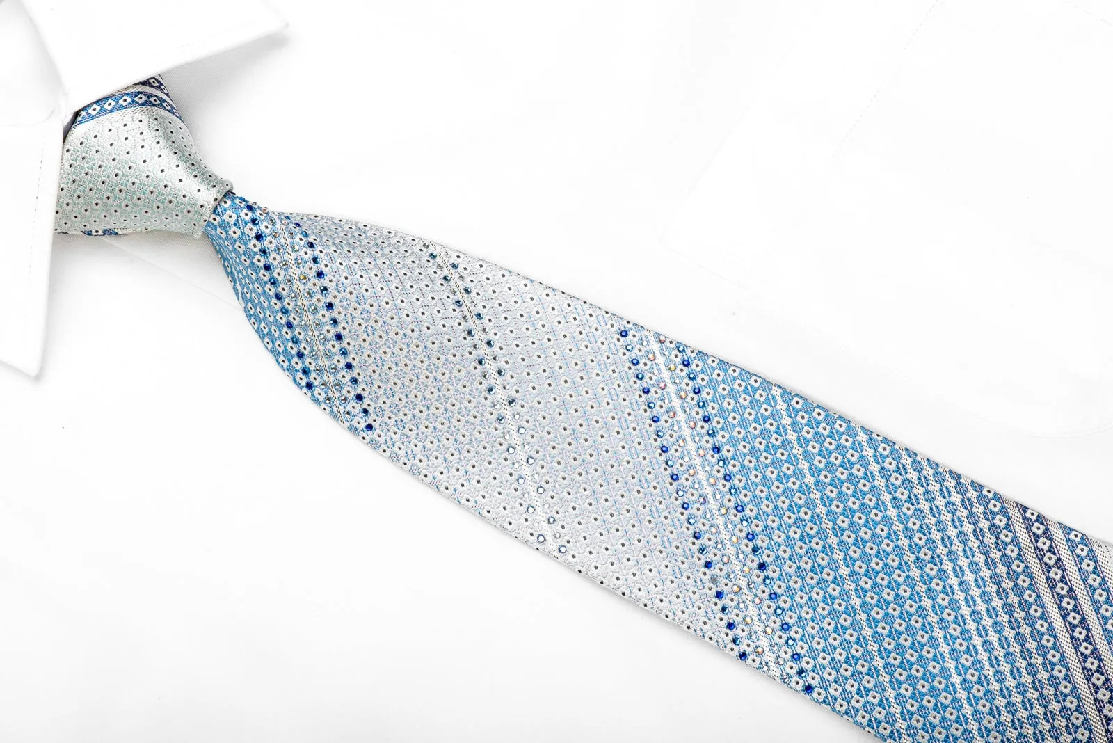 Pierre Cardin Men's Crystal Silk Necktie Dot's & Striped On Blue With Silver Sparkles
