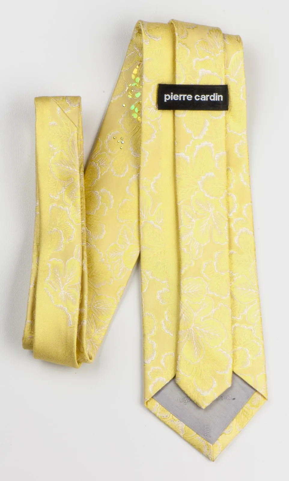 Pierre Cardin Men's Woven Silk Rhinestone Necktie Yellow Leaves On White